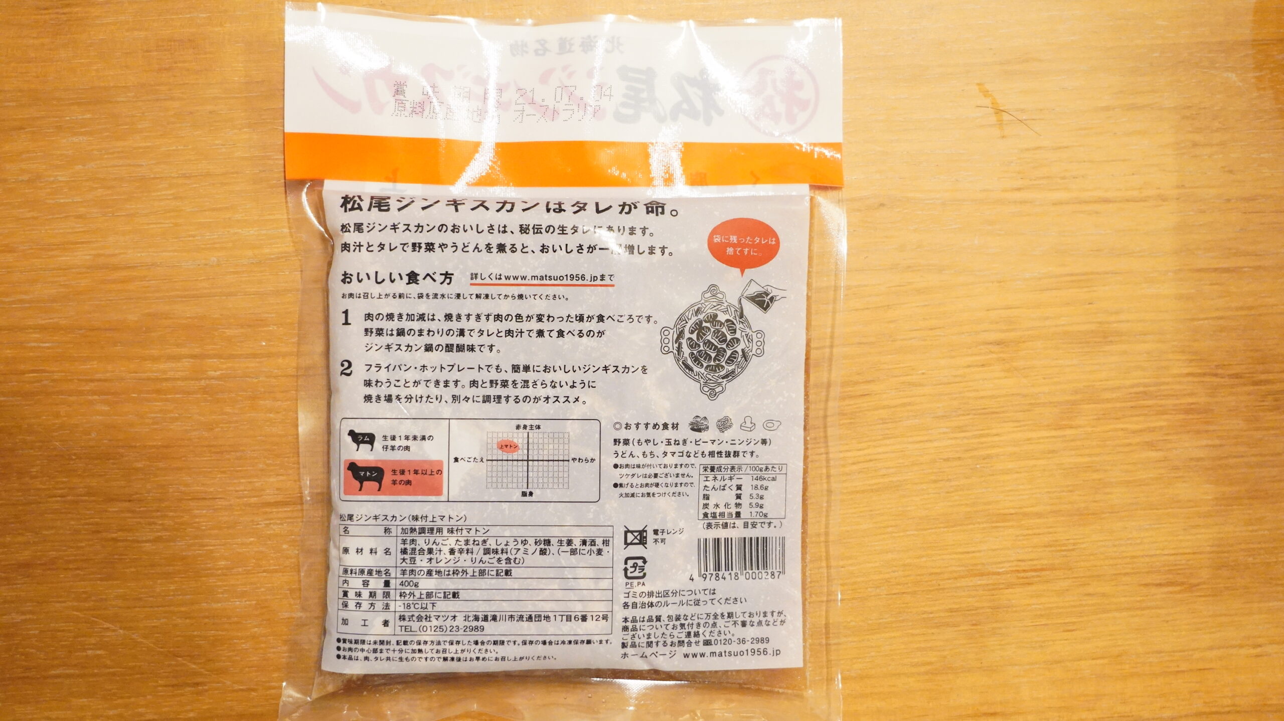 松尾ジンギスカンを通販でお取り寄せした冷凍上マトン肉のパッケージ裏面の写真