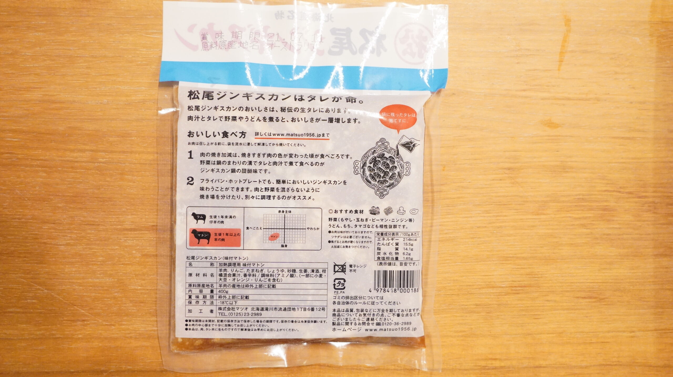 松尾ジンギスカンを通販でお取り寄せした冷凍マトン肉のパッケージ裏面の写真